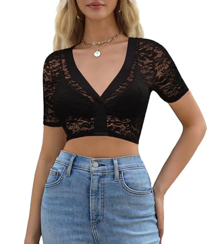 Zeagoo Dirndl Bluse Damen Spitze Dirndlbluse Schwarz Trachtnbluse Kurzarm Elegant Oktoberfest Dirndlblusen V-Ausschnitt Blusen 3XL von Zeagoo