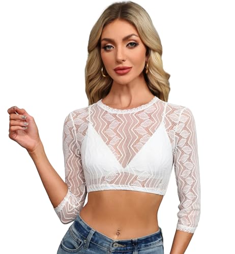 Zeagoo Dirndl Bluse Damen Spitze Dirndlbluse Weiß Trachtenbluse Elegante Spitzenausschnitt Oktoberfest Dirndlblusen Weiß XL von Zeagoo