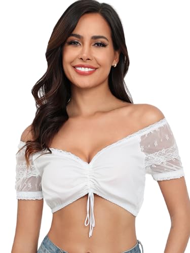 Zeagoo Dirndl Bluse Damen Spitze V Ausschnitt Dirndlbluse Weiß Kurzarm Schulterfrei Blusen Elegante Dirndlblusen Schwarz Trachtenblusen für Oktoberfest Weiß 3XL von Zeagoo