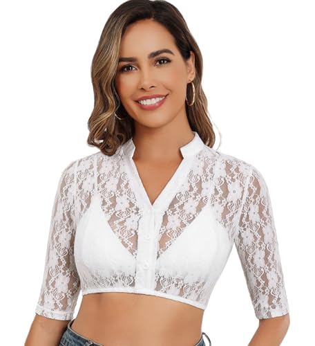 Zeagoo Dirndl Bluse Damen Weiß Spitze Elegante Dirndlbluse Halbarm V Ausschnitt Trachtenbluse mit Knopf Oktoberfest Bluse Weiß XXL von Zeagoo