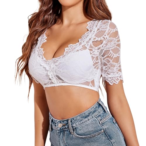 Zeagoo Dirndl Bluse Schwarz Damen Spitze Trachtenbluse Halbarm Dirndlbluse V-Ausschnitt Kurzarm Trachten Blusen Elegant Weiß Oktoberfest Kostüm Dirndlblusen Spitzenbluse Weiß XL von Zeagoo