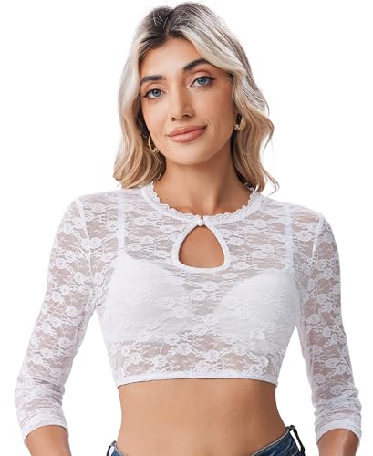 Zeagoo Dirndl Bluse Spitze Weiß 3/4 Ärmel Rundhals Dirndlbluse Trachtenblusen für Oktoberfest mit Perlenverschluss Gummiband Ausschnitt in Tropfenform XXL von Zeagoo
