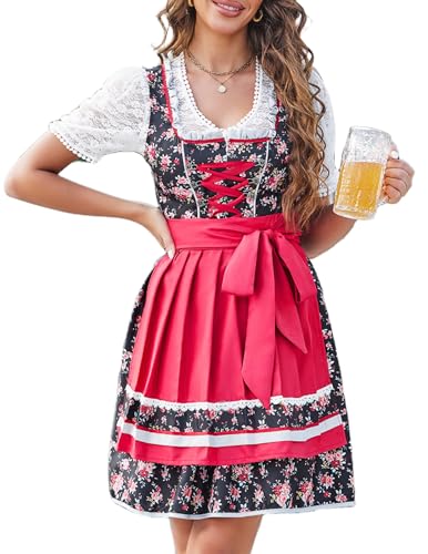 Zeagoo Dirndl Damen Trachten Midi Dirndl Exklusiver Spitzen Trachtenkleid Oktoberfest Bierfest Kleider Klassisches Dirndl XS-XXL von Zeagoo