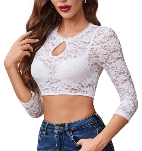 Zeagoo Dirndlbluse Damen Weiß Dirndl Bluse Spitze 3/4 Ärmel Rund-Ausschnitt Elegante Blusen in Bayrischer Tracht Trachtenbluse Oktoberfest L von Zeagoo