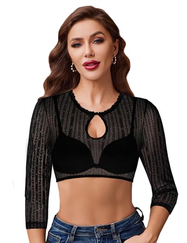 Zeagoo Dirndlbluse Damen Schwarz Spitze Dirndl Bluse 3/4 Ärmel Rundhals Trachtenblusen für Oktoberfest Elegante Blusen in Bayrischer Tracht XS von Zeagoo