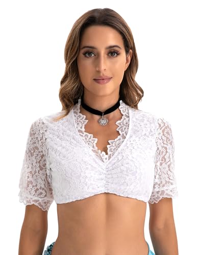 Zeagoo Dirndlbluse Spitze Trachtenbluse Damen Dirndl Bluse Weiß V Ausschnitt Kurzarm Spitzebluse Elegant Oktoberfest Kostüm Dirndlblusen von Zeagoo