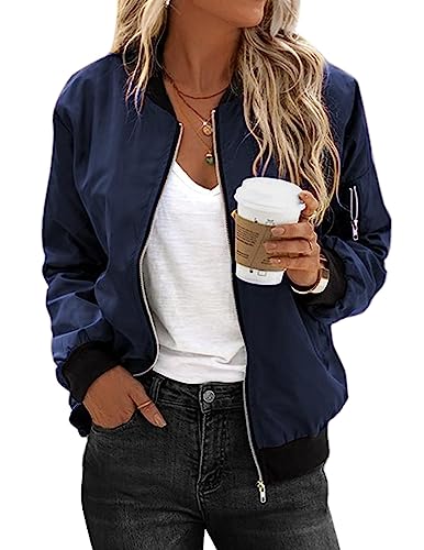 Zeagoo Dünne Bomberjacke Damen Blouson Leichte Fliegerjacke Kurz Langarm Motorradjacke Übergangsjacke mit 2 Taschen Reißverschluss Bikerjacke Navy Blau Jacke XXL von Zeagoo