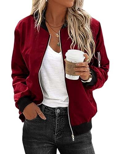 Zeagoo Dünne Bomberjacke Damen Leicht Blouson Jacke Kurz Woman Bomber Jacket Weihnachten Light Sommerjacke Pilotenjacke Frühlingsblouson Basic Herbst Frühling Weinrot L 36 von Zeagoo