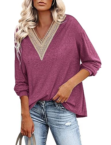 Zeagoo Dünner Pullover Damen Langarm Lässig Sweatshirt Einfarbig Casual Locker V-Ausschnitt Oberteile Tops Mode Dunkelrot M von Zeagoo