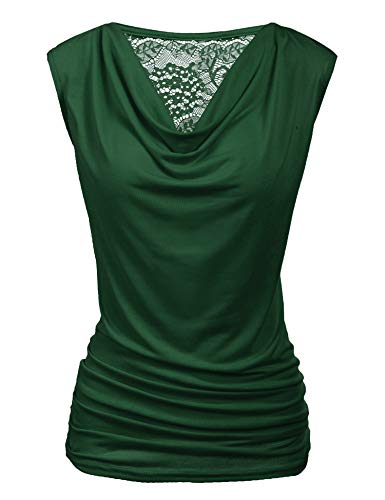 Zeagoo Elegante Oberteile Damen Rüschen Tops Kurzarm-T-Shirt V-Ausschnitt Spitzen Bluse Stretch Tunika Wasserfallshirt Dunkelgrün L von Zeagoo