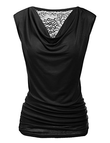 Zeagoo Elegante Oberteile Damen Rüschen Tops Kurzarm-T-Shirt V-Ausschnitt Spitzen Bluse Stretch Tunika Wasserfallshirt Schwarz L von Zeagoo