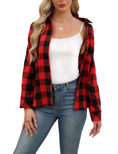Zeagoo Karierte Bluse Damen Baumwolle Hemd Karo Trachtenbluse Button-Down Karierte Jacke Rot Schwarz L von Zeagoo
