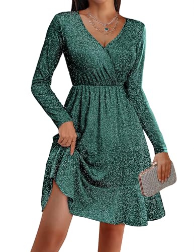 Zeagoo Festliche Kleider für Damen Elegant Langarm Cocktailkleid Knielang Ballkleider V-Ausschnitt Bodycon Festliches Glitzer Kleid GrünerSee S von Zeagoo
