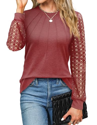 Zeagoo Frauen Bluse Elegante Spitze Shirt Langarm Rundhals T Shirt Lässig Blusen Herbst und Winter Oberteile Dressy Tunika Einfarbig Top Rot XL von Zeagoo