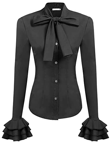 Zeagoo Frauen Fliege Hals Blusen Rüschen Langarm Shirts Button-Down Büro Arbeit Casual Tops XS-3XL, Ablack, Klein von Zeagoo