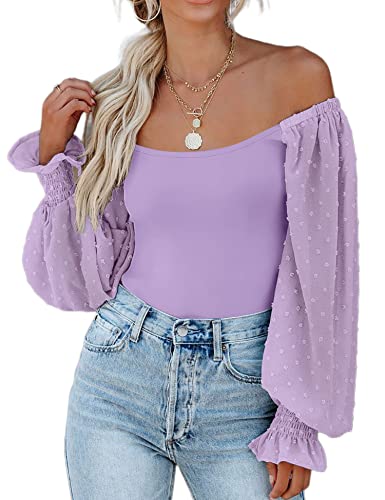 Zeagoo Frauen Langarm Schulterfrei Bodysuit Square Neck Body Anzüge Top Sheer Puffärmel Shirts Trikot, Violett, S von Zeagoo