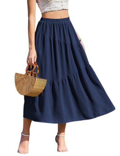 Zeagoo Sommerrock Damen Lang Flowy Maxi Rock Elastic Waistband Langer Röcke mit Taschen Leicht Sommer Stufenrock Navy Blau M von Zeagoo