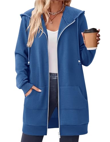 Zeagoo Frauen Zip Up Hoodies Langarm Herbst Kapuze Leichte Tunika Sweatshirt Oversize Fleece Jacke mit Taschen, Blau, XL von Zeagoo