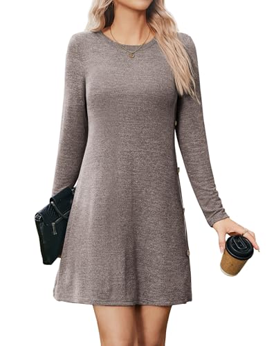 Zeagoo Freizeitkleid Damen Kleider Rundhals Langarmkleid Knielang Tunika Pullover Kleid Einfarbig Jumper Kleider mit Knöpfen Braun S von Zeagoo