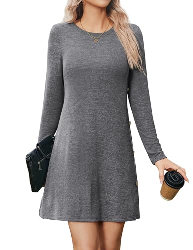 Zeagoo Freizeitkleid Damen Kleider Rundhals Langarmkleid Knielang Tunika Pullover Kleid Einfarbig Jumper Kleider mit Knöpfen Dunkelgrau XL von Zeagoo