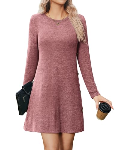 Zeagoo Freizeitkleid Damen Kleider Rundhals Langarmkleid Knielang Tunika Pullover Kleid Einfarbig Jumper Kleider mit Knöpfen Dunkelrot M von Zeagoo
