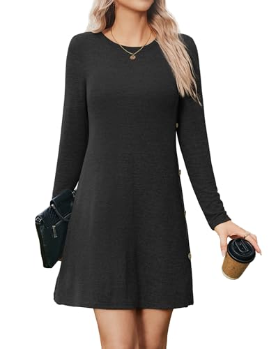 Zeagoo Freizeitkleid Damen Kleider Rundhals Langarmkleid Knielang Tunika Pullover Kleid Einfarbig Jumper Kleider mit Knöpfen Schwarz XXL von Zeagoo