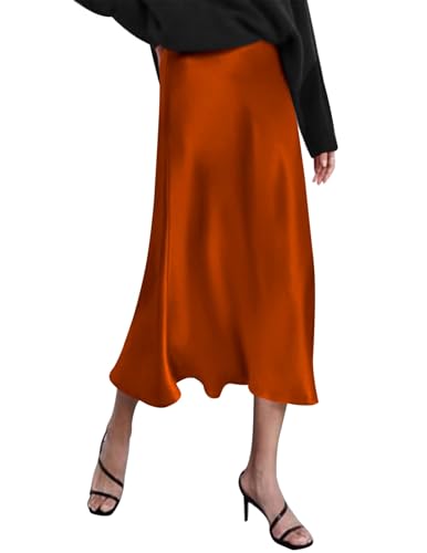 Zeagoo Freizeitrock Damen Lang Hohe Taille Satinrock A-Linie Elegant Business Rock Herbst Winter Party Midirock Ocker XXL von Zeagoo