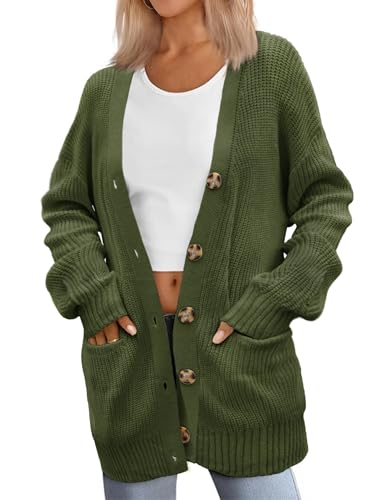 Zeagoo Damen Oversized Cardigan Herbst Casual Strickjacke mit Knöpfen Winter Warme Grobstrick Strickweste Mit Taschen Grün XXL von Zeagoo