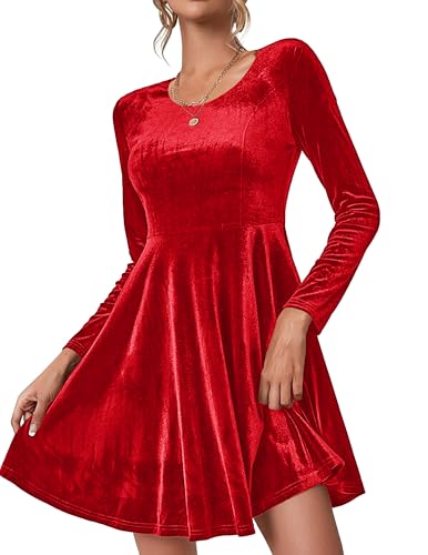 Zeagoo Weihnachtskleid Samtkleid Damen Kleid Abendkleider Langarm Elegant Kleider Festliche Cocktailkleid Rundhals Freizeitkleid Ballkleider Bodycon Partykleid Winterkleider Rot XL von Zeagoo