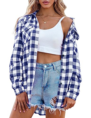 Zeagoo Hemd Damen Karierte Bluse Langarm Trachtenbluse V-Ausschnitt Knopfleiste Oktoberfest Karohemd Baumwolle Hemdbluse HolzfäLlerhemd Oberteile Casual Tunika Top Navyblau S A-Navyblau 3XL von Zeagoo
