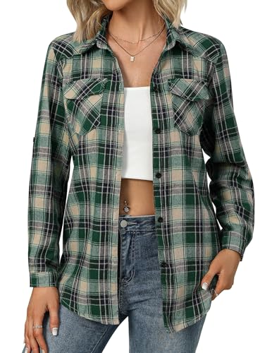 Zeagoo Trachtenbluse Damen Oktoberfest Bluse Kariert Hemd V-Ausschnitt Trachtenhemd Langarm Karierte Hemden Knöpfen Karohemd Trachten Oberteil Schwarz/Grün XXL von Zeagoo