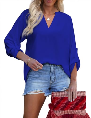 Zeagoo Hemdbluse Damen Elegant Knopfleiste Henley Blusen Baumwolle Einfarge Tunika Shirts mit Aufrollbaren Ärmeln Blau L von Zeagoo