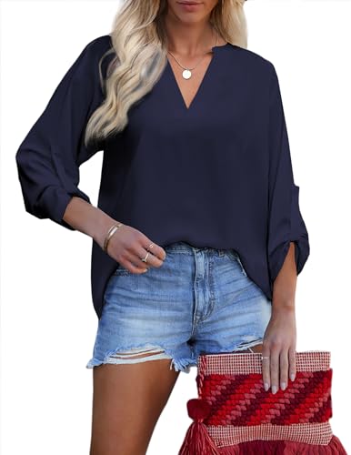 Zeagoo Hemdbluse Damen Elegant Knopfleiste Henley Blusen Baumwolle Einfarge Tunika Shirts mit Aufrollbaren Ärmeln Dunkelblau XL von Zeagoo