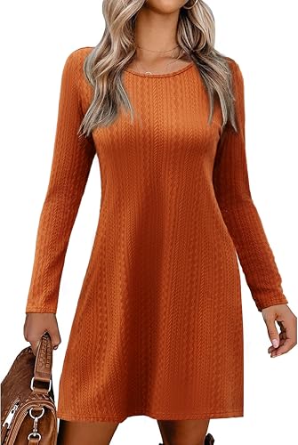 Zeagoo Herbst Kleider Damen Elegant Rundhals Basic Strickkleid Lässig Winter Langarm Midikleid mit Zopfmuster Tunika Kleid Karamell XXL von Zeagoo