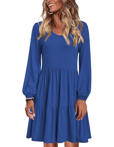 Zeagoo Kleid Damen Winter V-Ausschnitt Herbstkleid Curvy Langarm Kleider Elegant Casual Winterkleid Knielang Freizeitkleid Blue L von Zeagoo