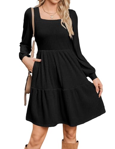 Zeagoo Herbstkleid Damen Langarm Kleid Elegantes Strickkleid mit Taschen Knielange Kleider A Linie Puffärmel für Herbst Winter Schwarz S von Zeagoo