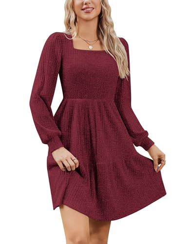 Zeagoo Herbstkleid Damen Langarm Kleid Elegantes Strickkleid mit Taschen Knielange Kleider A Linie Karree Ausschnitt für Herbst Winter Weinrot XXL Zeagoo Herbstkleid Damen Langarm Kleid Elegantes Strickkleid mit Taschen Knielange Kleider A Linie Karree Ausschnitt für Herbst Winter Weinrot XXL von Zeagoo