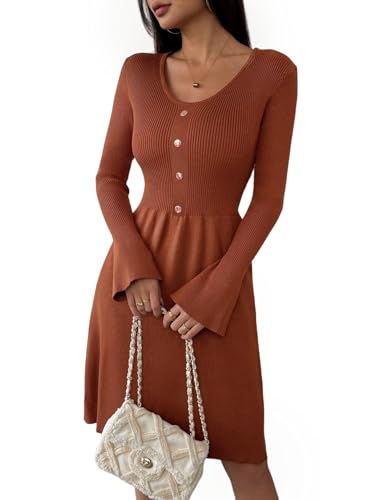 Zeagoo Herbstkleid Damen Langarm Strickkleid V-Ausschnitt Pulloverkleid A Linien Midikleid mit Trompetenärmel Karamell M von Zeagoo