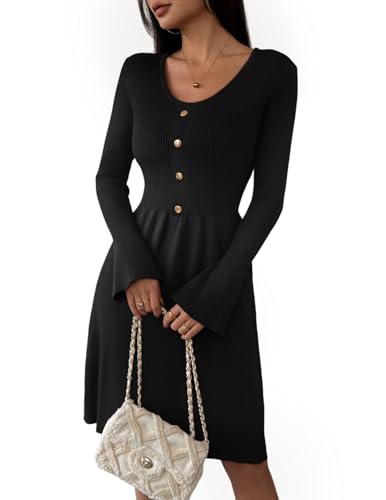 Zeagoo Herbstkleid Damen Langarm Strickkleid V-Ausschnitt Pulloverkleid A Linien Midikleid mit Trompetenärmel Schwarz S von Zeagoo