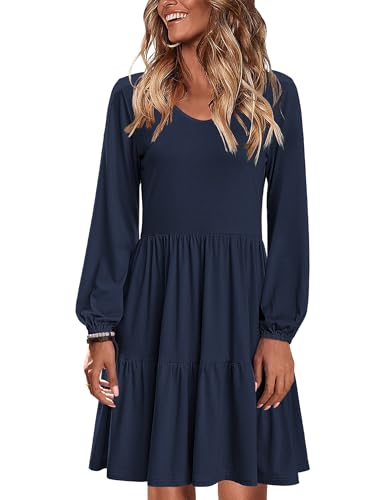 Zeagoo Damen Kleider Langarm Herbstkleid A Linie Hohe Taille Winter Kleid Rundhalsausschnitt Elegante Winterkleider Navy Blue XXL von Zeagoo
