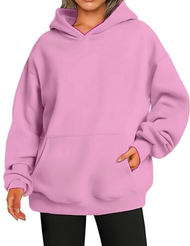 Zeagoo Hoodie Damen mit Kapuze Einfarbig Langarm Kapuzenpullover mit Tasche Casual Sport Pullover Herbst Winter Sweatshirt Rundhals Pulli Dunkelrosa M von Zeagoo