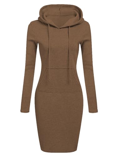 Zeagoo Hoodie Kleid Damen Langarm Kapuzenpullover Elegant V-Ausschnitt Sweatkleid Lang Sweatshirt mit Kapuze Winter Lange Kapuzenpulli mit Kängurutasche Braun XXL von Zeagoo