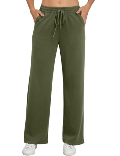 Zeagoo Hose Damen Lässige Hosen Damen Freizeithosen Weites Bein Bequeme Stoffhose mit Taschen und elastischem Bund Armeegrün XXL von Zeagoo