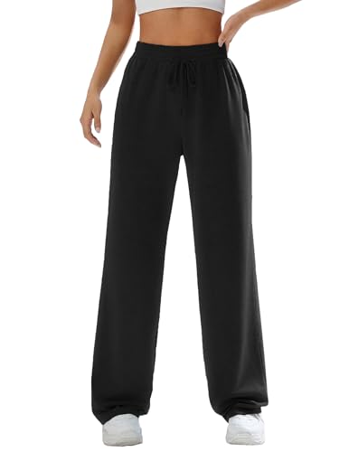 Zeagoo Damen Hose Weites Bein Freizeithose mit Taschen Elastischer Bund Hose mit elastischer Taille Baggy Jogginghose Sport Schwarz M von Zeagoo