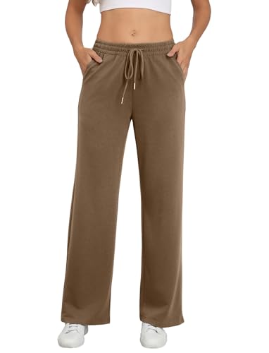 Zeagoo Hosen Damen Lang Freizeithose Locker Stoffhose Anzughose Damen Weite Hose mit Taschen High Waist Hose Damenhose Weites Bein Braun XXL von Zeagoo