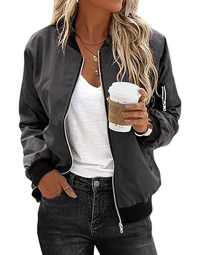 Zeagoo Bomberjacke Damen Übergangsjacke Kurz Blouson Langarm Jacke Dünne Leichte Pilotenjacke mit 2 Taschen Reißverschluss Bikerjacke Dunkelgrau für Herbst Fruhling Sweatjacke M von Zeagoo