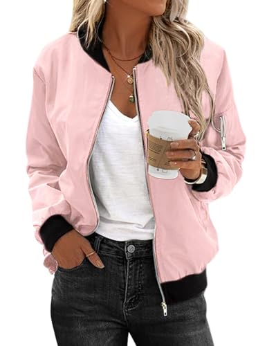 Zeagoo Jacke Damen Übergangsjacke Leicht Atmungsaktiv Bomberjacke Motorradjacke Langarm Fliegerjacke mit 2 Taschen Reißverschluss Blouson Rosa für Fruhling Sommer Herbst M von Zeagoo