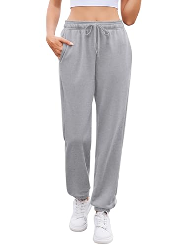 Zeagoo Jogginghose Damen Lang Bequeme Sweathose High Waist Trainingshose mit Taschen Freizeit Baggy Sweatpants Hellgrau L von Zeagoo
