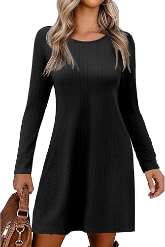 Zeagoo Jumper Kleid Damen Pullikleid Rundhals Strickkleid Langarm Lässig Kleidr für Frauen Herbst/Winter Einfarbige Minikleid mit Zopfmuster Schwarz L von Zeagoo