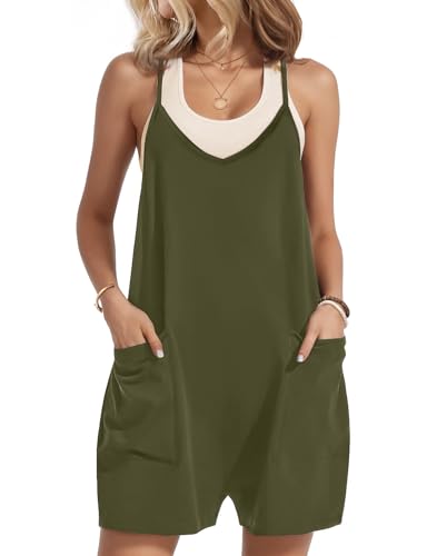 Zeagoo Latzhose Damen Kurz Sommer Ärmellos Rompers Casual Lose Jumpsuit Breites Bein Träger Overalls Shorts mit Taschen Armeegrün L von Zeagoo